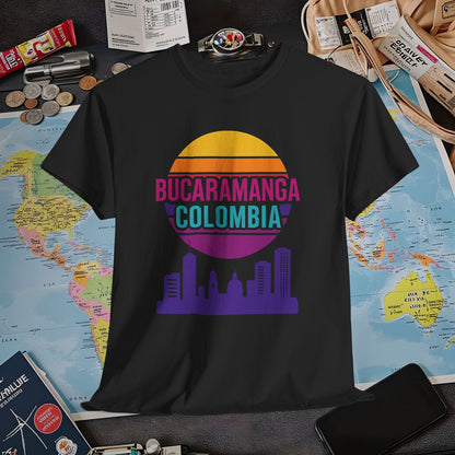 Retro Bucaramanga Skyline Sunset Tee – Vintage Colombia Travel Shirt| Layover Club Air Travel T-Shirts | Jetsetter, Airport, and International Flight Tees