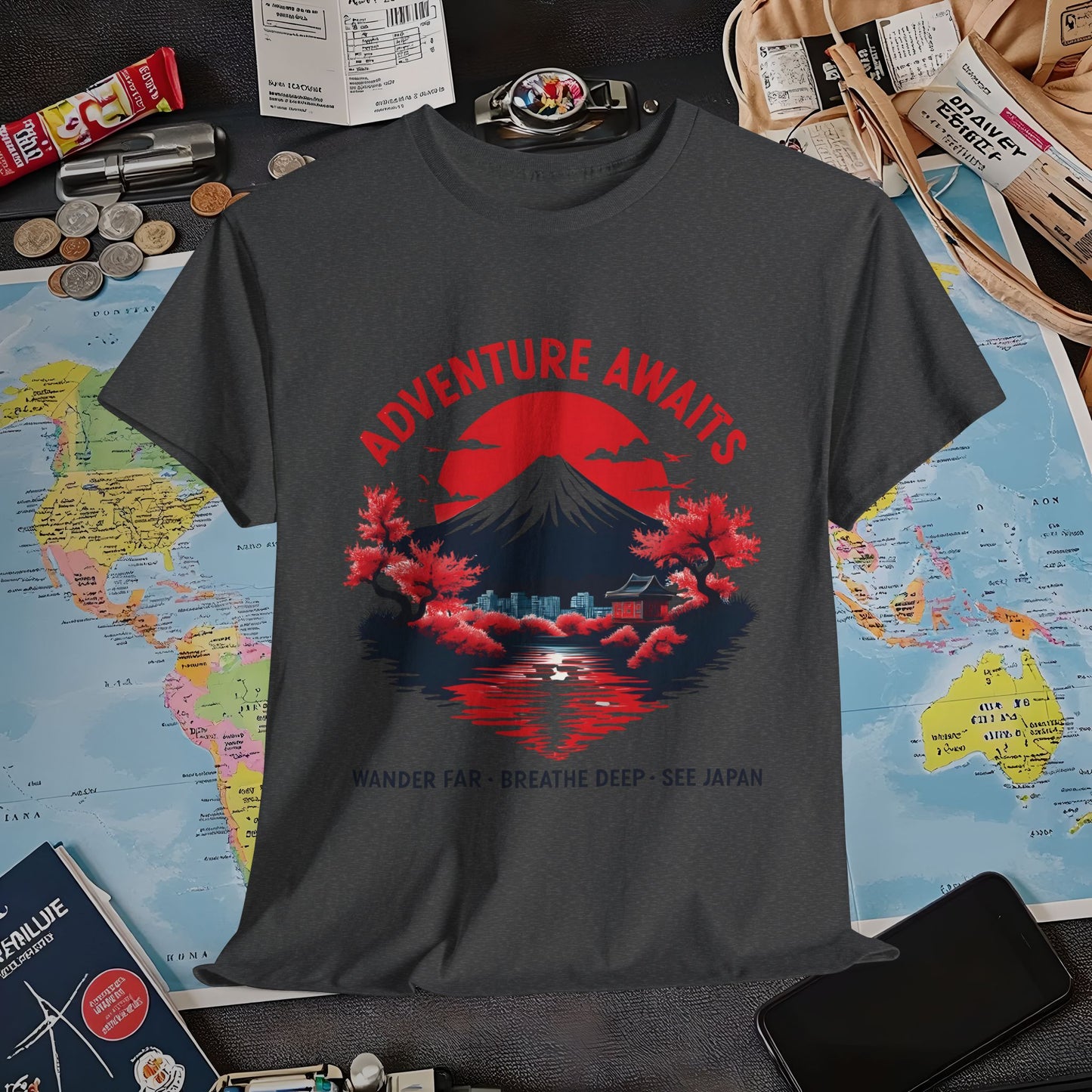 Adventure Awaits – Wander Far, Breathe Deep, See Japan T-Shirt – Scenic Mountain Escape Design Air Travel T-Shirts | Jetsetter, Airport, and International Flight Tees