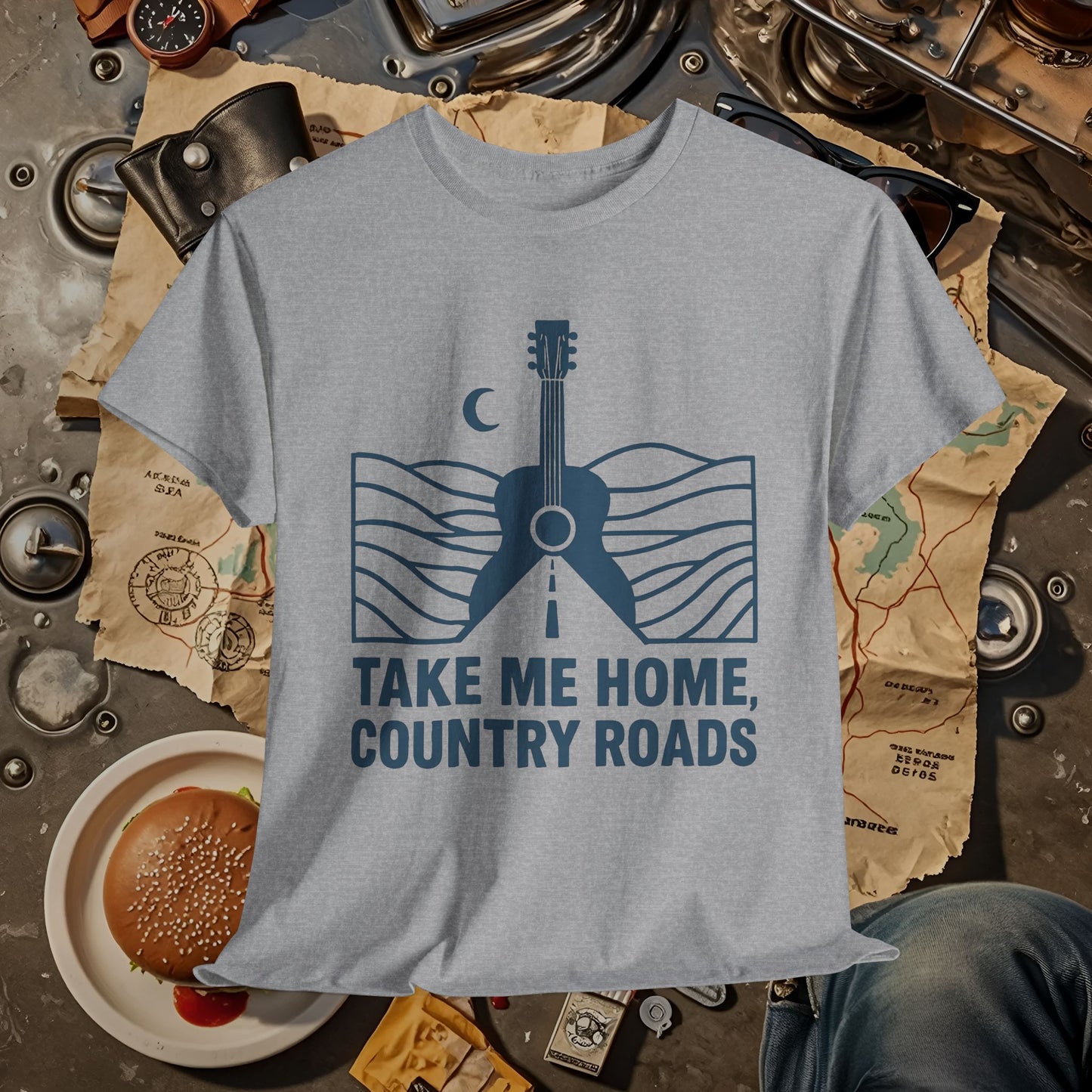 Take Me Home, Country Roads T-Shirt – Guitar Horizon & Open Highway Design Road Trip & Vehicle Travel T-Shirts | Car, RV, and Motorcycle Adventure Tees