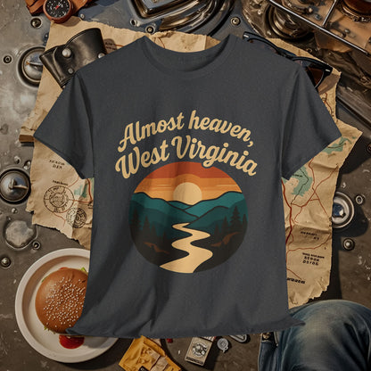 Almost Heaven, West Virginia T-Shirt – Vintage Appalachian Sunset with Winding River Road Trip & Vehicle Travel T-Shirts | Car, RV, and Motorcycle Adventure Tees