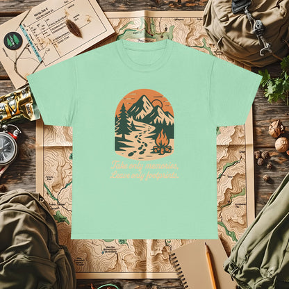 Take Only Memories, Leave Only Footprints — Sunset Mountain Trail Adventure Badge T-Shirt | Camping, Hiking, Rafting & Kayaking Tees for Nature Lovers