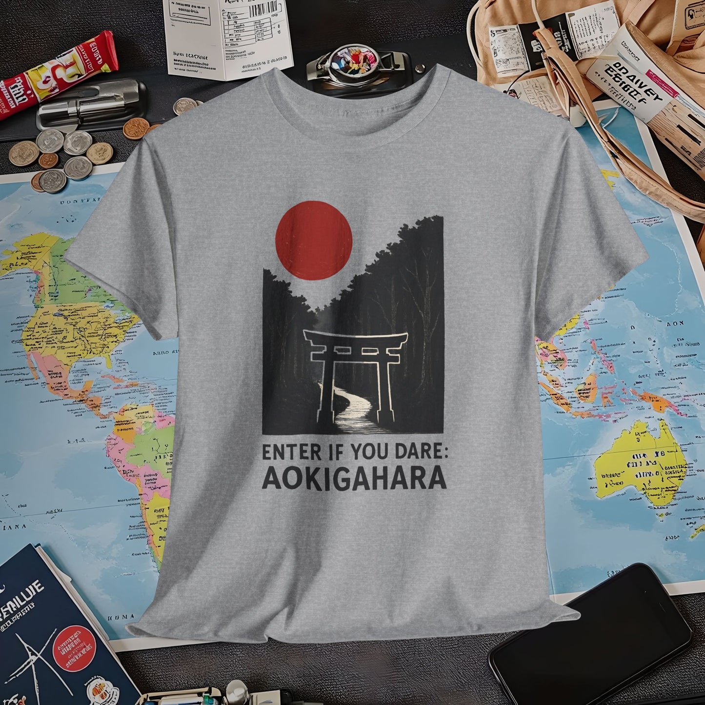 Scarlet Moon Torii – Aokigahara Forest Path Tee – Haunted Japan Travel Shirt | Layover Club Air Travel T-Shirts | Jetsetter, Airport, and International Flight Tees