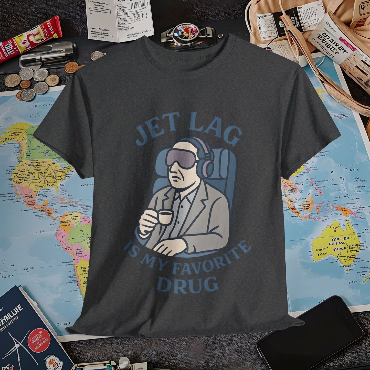 Jet Lag Is My Favorite Drug – Vintage Espresso & Travel Vibes Tee Air Travel T-Shirts | Jetsetter, Airport, and International Flight Tees
