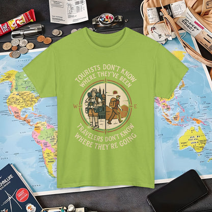 Tourists vs. Travelers – Vintage Compass Emblem Quote Tee | Layover Club Air Travel T-Shirts | Jetsetter, Airport, and International Flight Tees