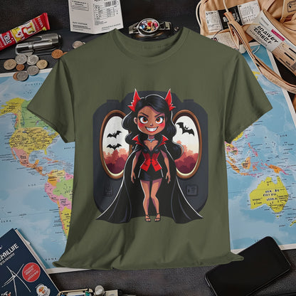 Vampire Flight Attendant T-Shirt – Gothic Girl with Bats Flying Outside the Plane Air Travel T-Shirts | Jetsetter, Airport, and International Flight Tees