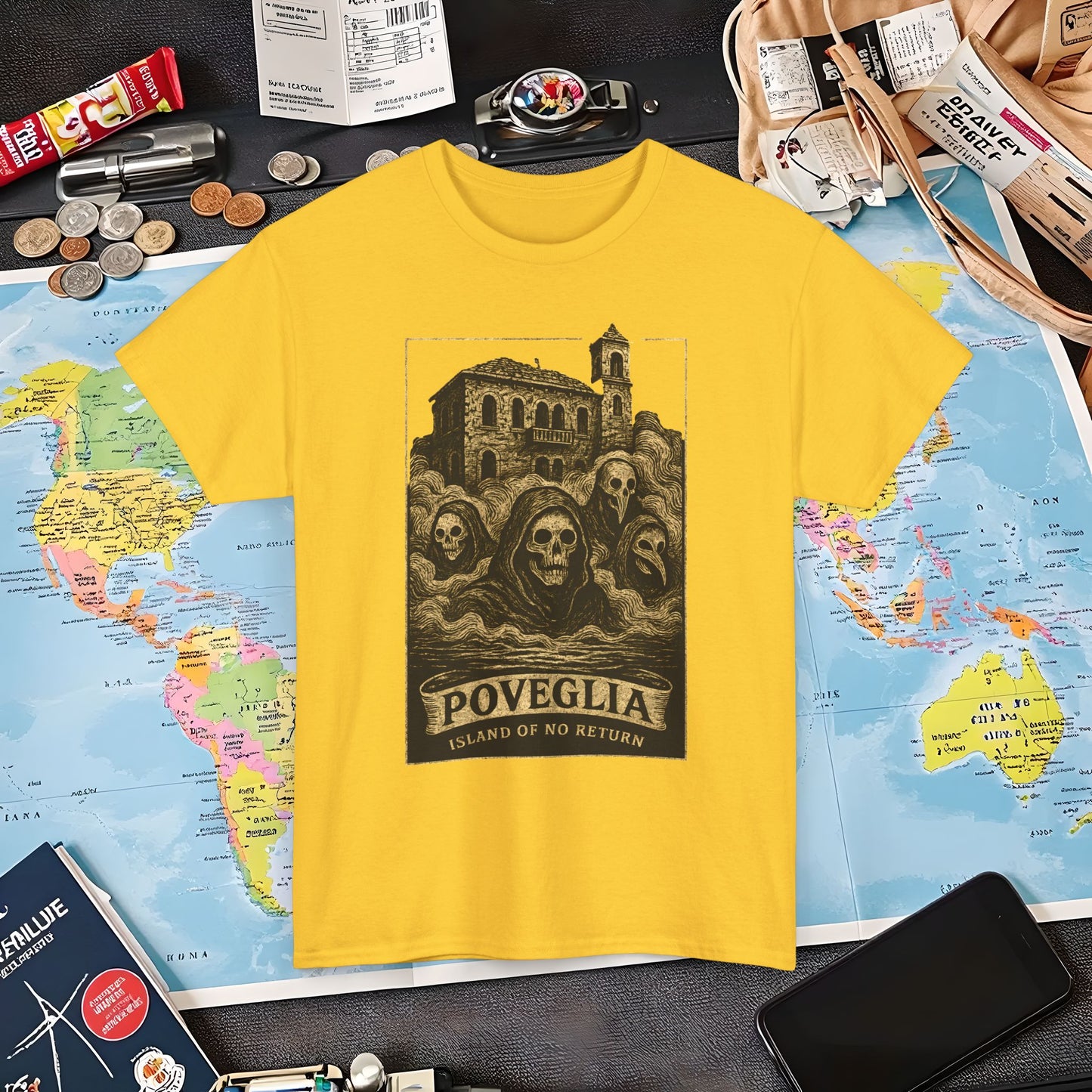 Poveglia Haunt – Ghostly Apparitions in Venetian Fog Tee – Haunted Italy Travel Shirt | Layover Club Air Travel T-Shirts | Jetsetter, Airport, and International Flight Tees