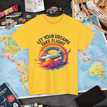 Let Your Dreams Take Flight T-Shirt – Airplane with Rainbow Trail Design Air Travel T-Shirts | Jetsetter, Airport, and International Flight Tees