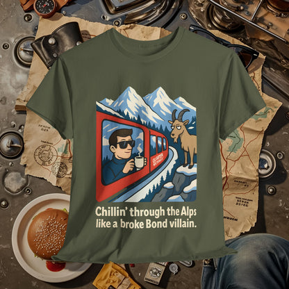Glacier Express Chill Tee – Skeptical Goat in the Alps Vibe Road Trip & Vehicle Travel T-Shirts | Car, RV, and Motorcycle Adventure Tees