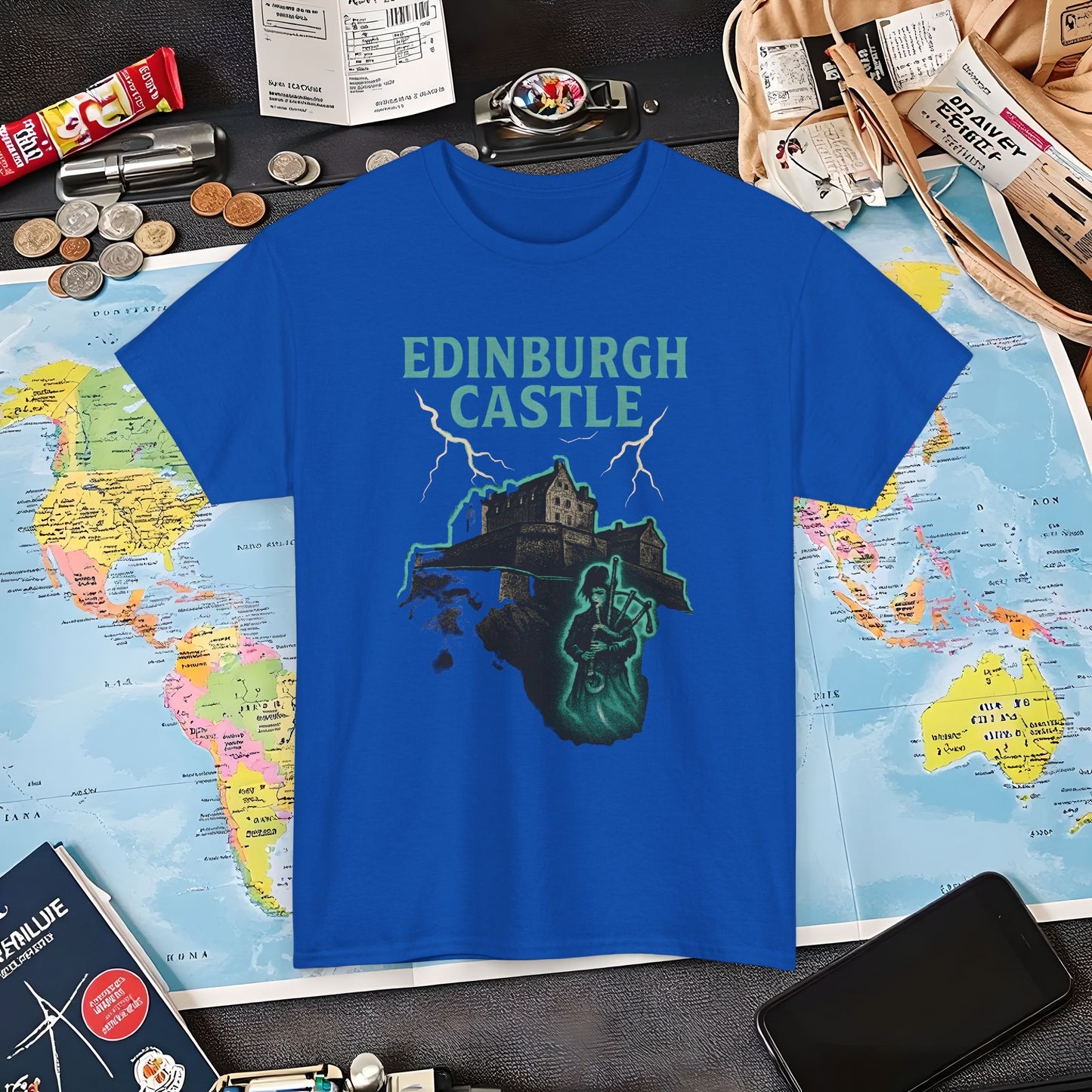 Ghostly Edinburgh Castle & Spectral Bagpiper Tee – Haunted Scotland Dark Tourism Shirt | Layover Club Air Travel T-Shirts | Jetsetter, Airport, and International Flight Tees