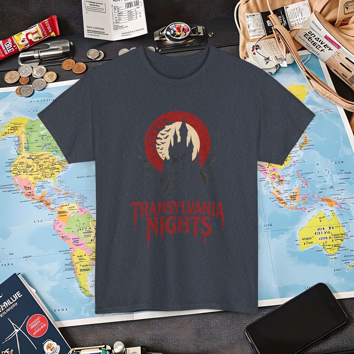 Gothic Transylvania Castle under Crimson Moon Tee – Dark Travel Romania Shirt | Layover Club Air Travel T-Shirts | Jetsetter, Airport, and International Flight Tees