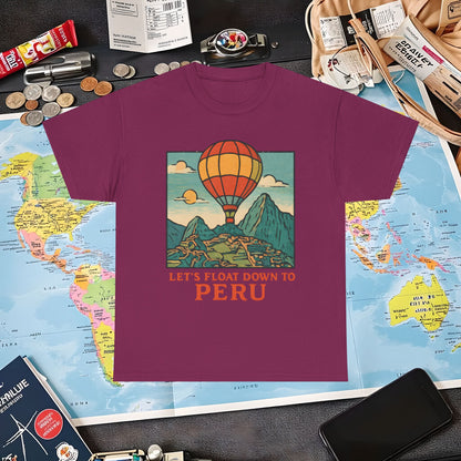 Let’s Float Down to Peru T-Shirt – Vintage Hot-Air Balloon Over Machu Picchu Design Air Travel T-Shirts | Jetsetter, Airport, and International Flight Tees