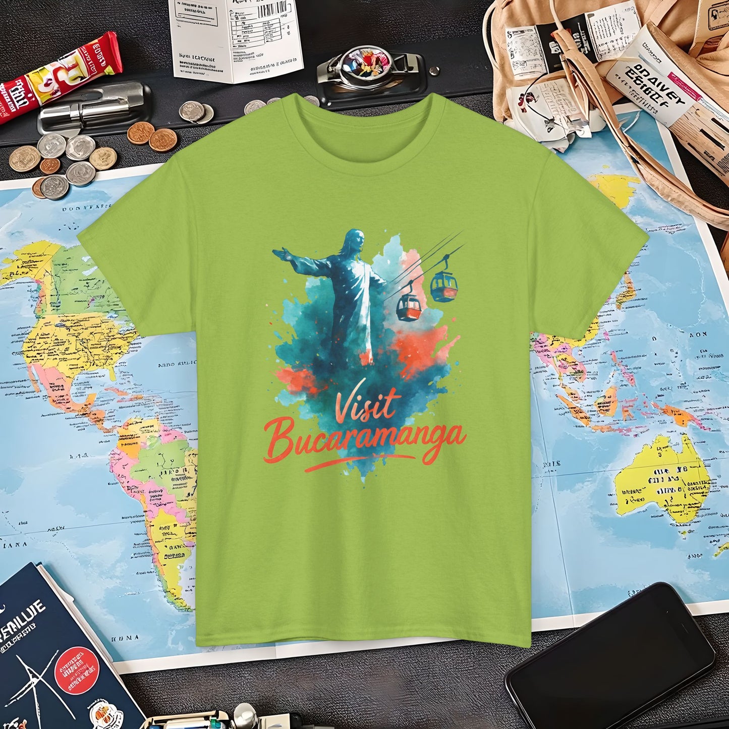 Cerro del Santísimo & Cable Car – Vibrant Watercolor Colombia Travel Tee | Layover Club Air Travel T-Shirts | Jetsetter, Airport, and International Flight Tees
