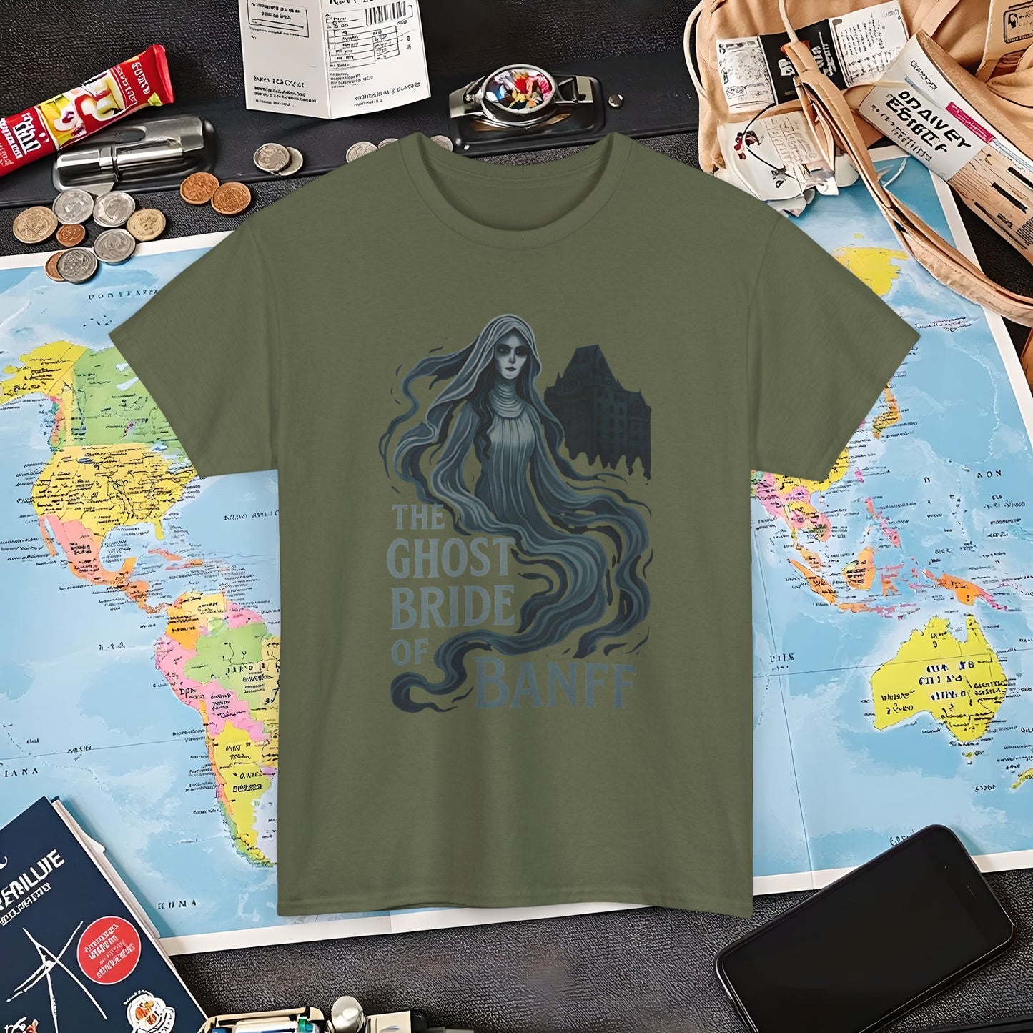 Ghostly Bride at Banff Springs Hotel Shirt – Haunted Canadian Hotel Dark Tourism Tee | Layover Club Air Travel T-Shirts | Jetsetter, Airport, and International Flight Tees