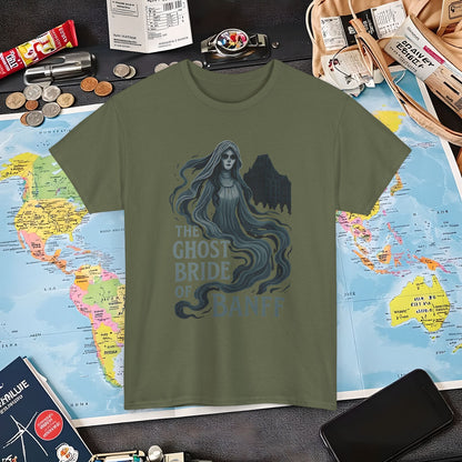 Ghostly Bride at Banff Springs Hotel Shirt – Haunted Canadian Hotel Dark Tourism Tee | Layover Club Air Travel T-Shirts | Jetsetter, Airport, and International Flight Tees