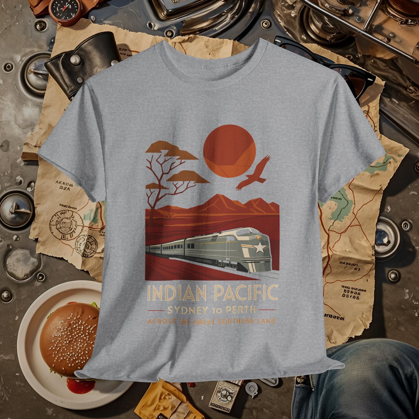 Australian Indian Pacific – Art Deco Desert Crossing Train Tee Road Trip & Vehicle Travel T-Shirts | Car, RV, and Motorcycle Adventure Tees
