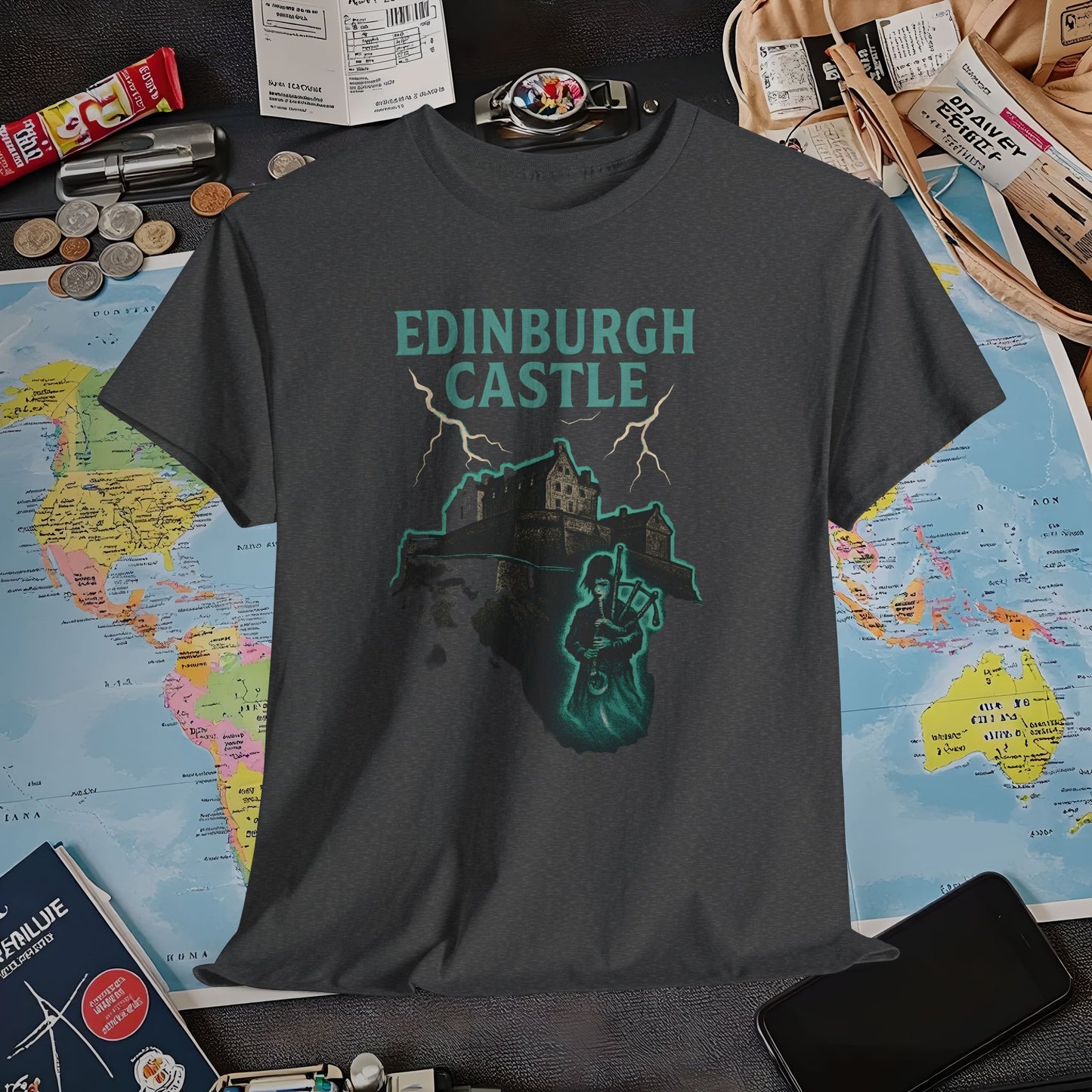 Ghostly Edinburgh Castle & Spectral Bagpiper Tee – Haunted Scotland Dark Tourism Shirt | Layover Club Air Travel T-Shirts | Jetsetter, Airport, and International Flight Tees