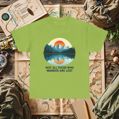 Not All Who Wander Are Lost T-Shirt – Sunset Over Mountain Lake and Forest Reflection Camping, Hiking, Rafting & Kayaking Tees for Nature Lovers