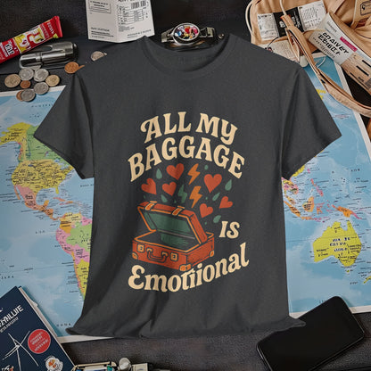 All My Baggage Is Emotional – Retro Suitcase Overflowing with Feelings Tee Air Travel T-Shirts | Jetsetter, Airport, and International Flight Tees