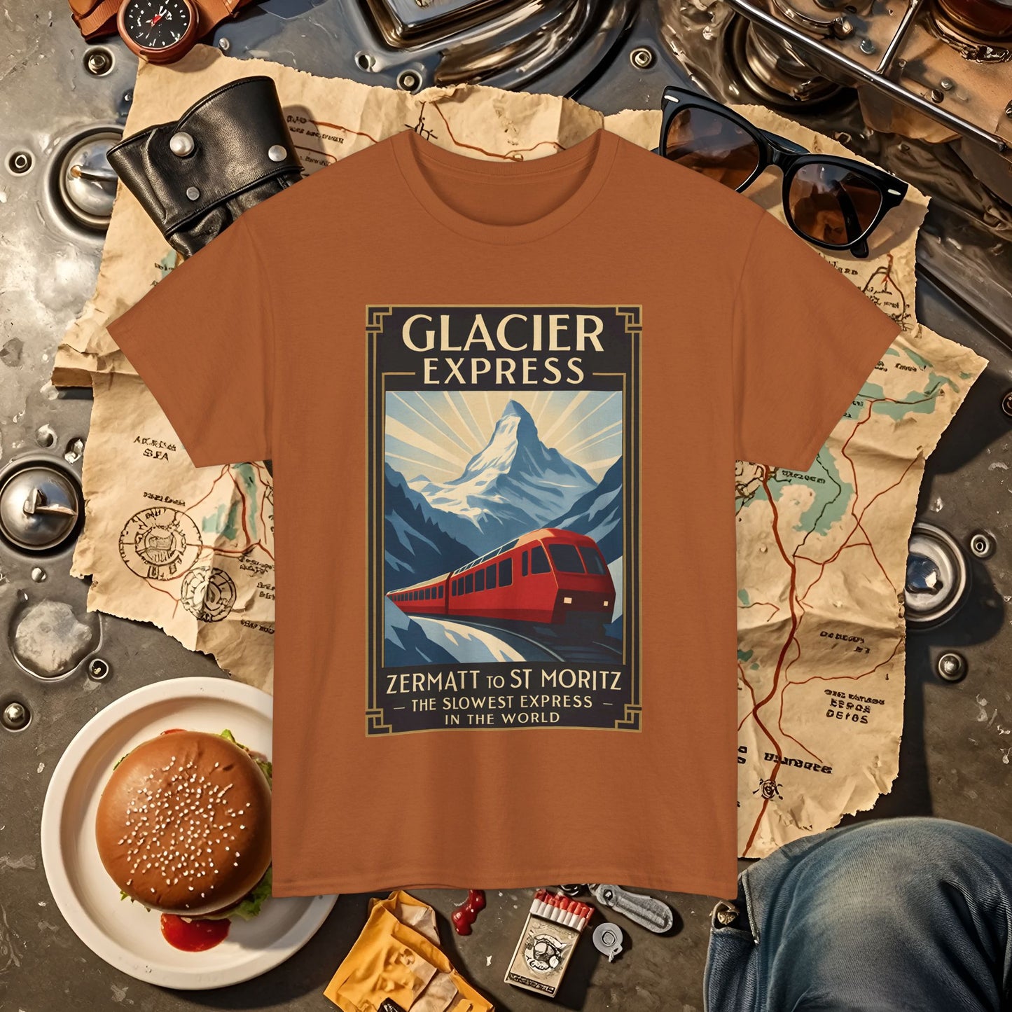 Glacier Express – Art Deco Alpine Train Adventure Tee Road Trip & Vehicle Travel T-Shirts | Car, RV, and Motorcycle Adventure Tees