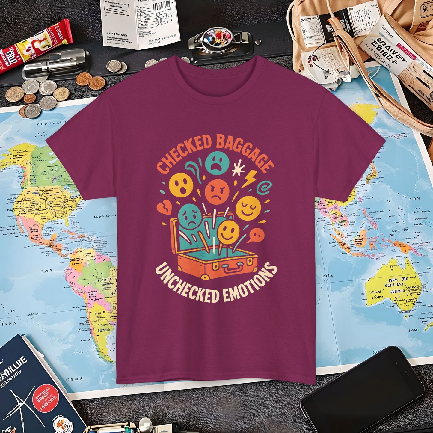 Checked Baggage Unchecked Emotions T-Shirt – Vintage Emoticons Luggage Travel Tee for Emotional Travelers Air Travel T-Shirts | Jetsetter, Airport, and International Flight Tees