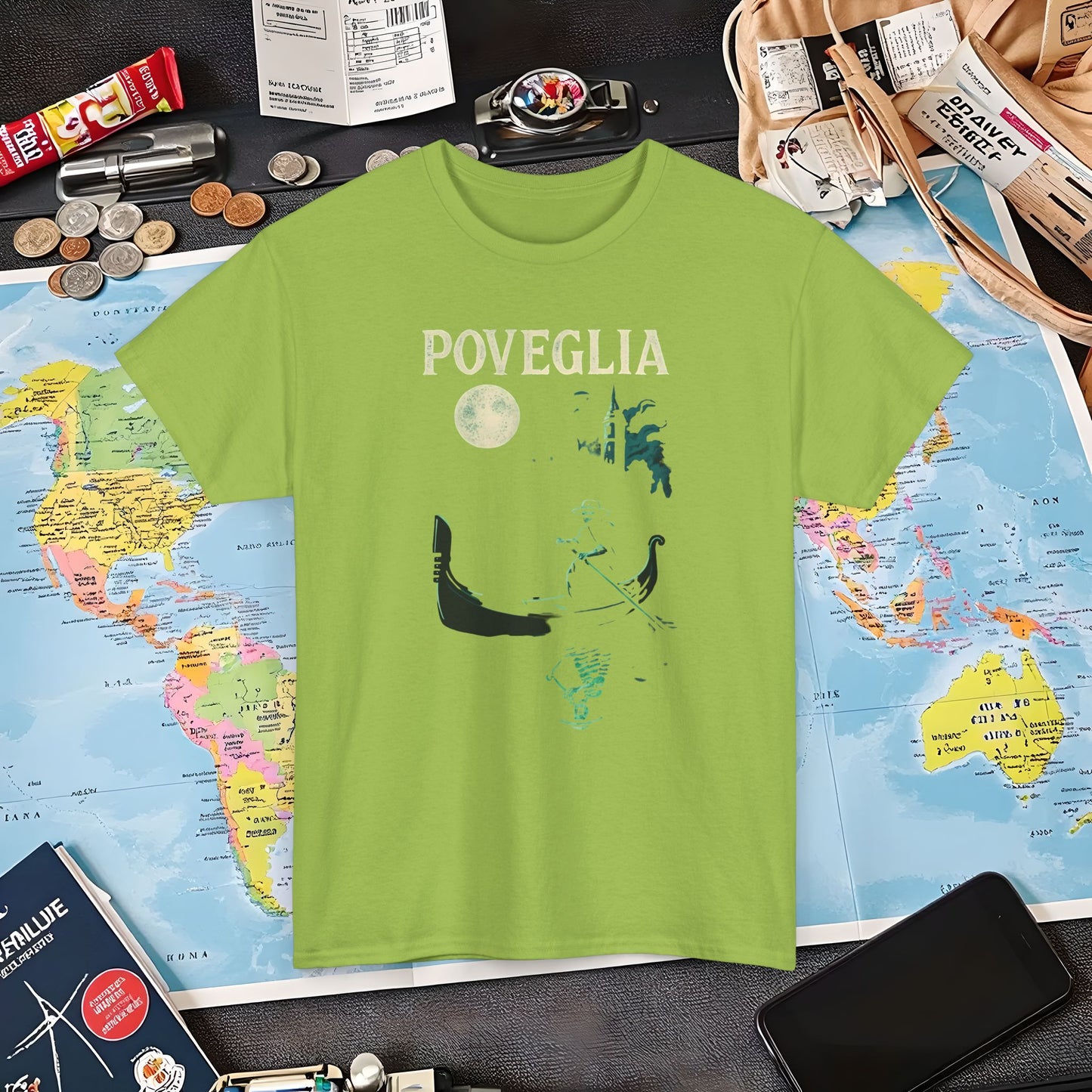 Phosphorescent Gondolier on Haunted Poveglia Tee – Ghostly Venice Dark Tourism Shirt | Layover Club Air Travel T-Shirts | Jetsetter, Airport, and International Flight Tees