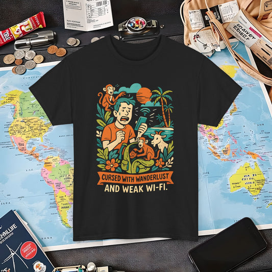 Cursed with Wanderlust and Weak Wi-Fi – Funny Tropical Traveler Frustration Tee Travel T-Shirts | Jetsetter, Airport, and International Flight Tees