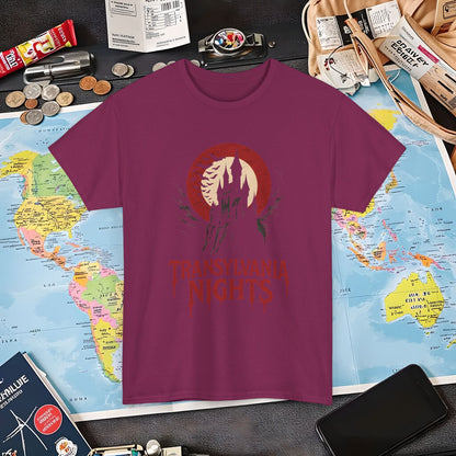 Gothic Transylvania Castle under Crimson Moon Tee – Dark Travel Romania Shirt | Layover Club Air Travel T-Shirts | Jetsetter, Airport, and International Flight Tees