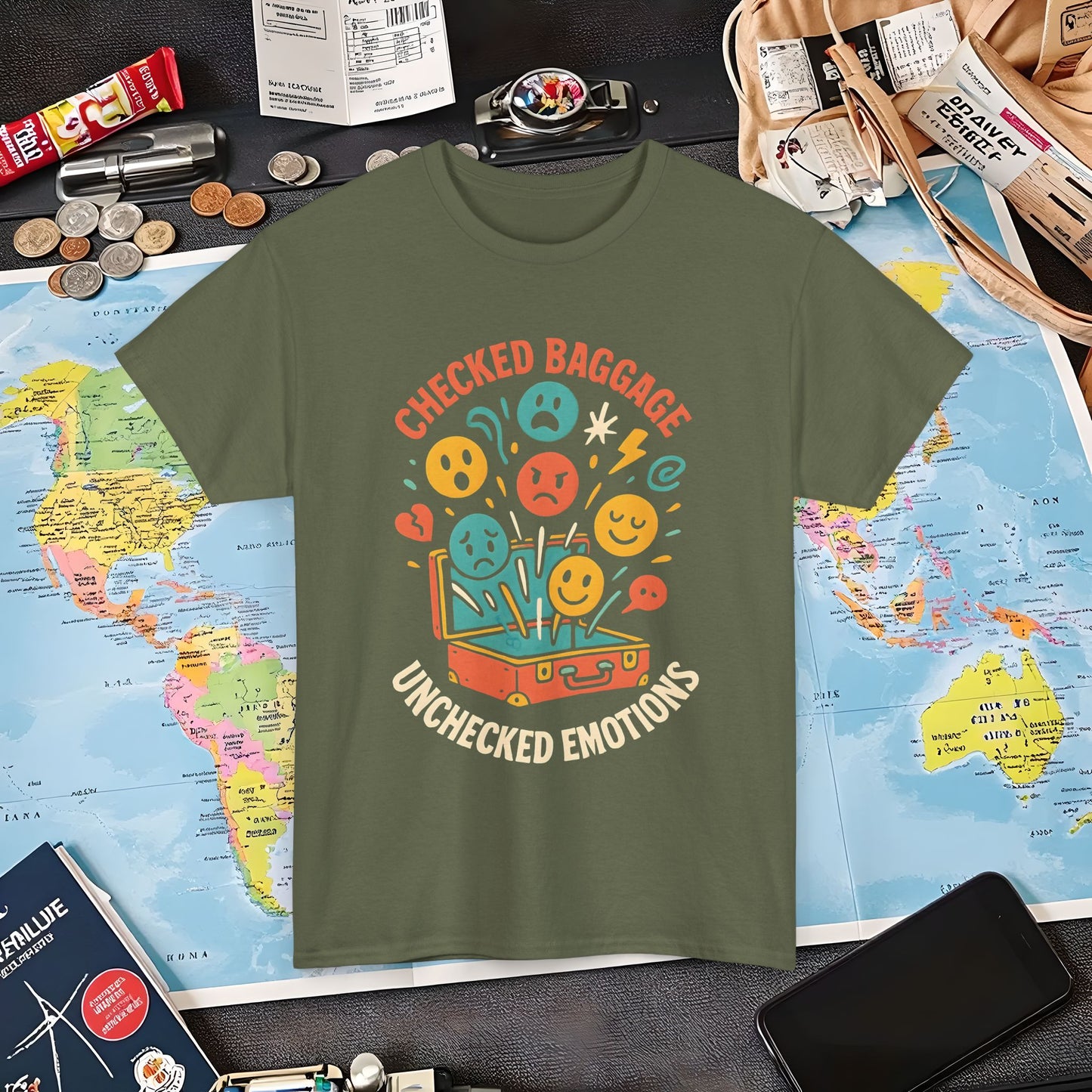 Checked Baggage Unchecked Emotions T-Shirt – Vintage Emoticons Luggage Travel Tee for Emotional Travelers Air Travel T-Shirts | Jetsetter, Airport, and International Flight Tees