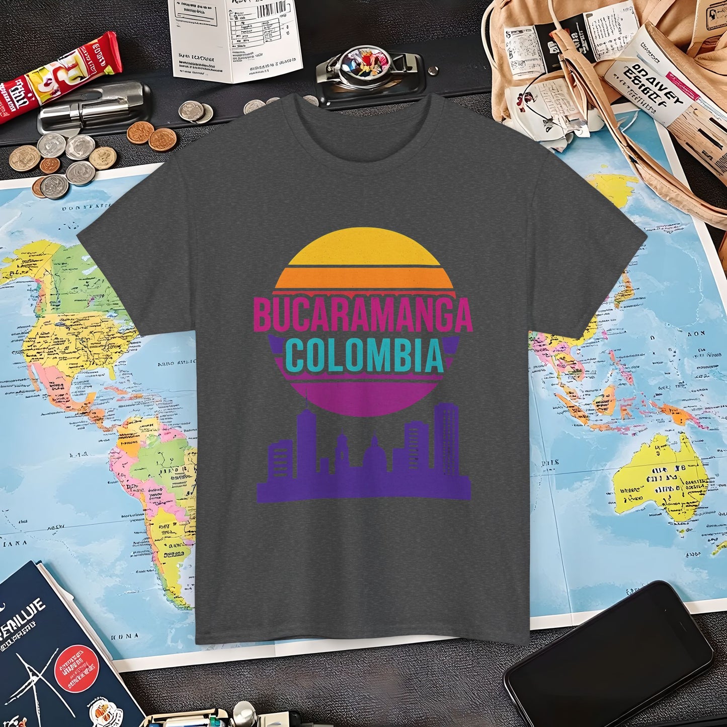 Retro Bucaramanga Skyline Sunset Tee – Vintage Colombia Travel Shirt| Layover Club Air Travel T-Shirts | Jetsetter, Airport, and International Flight Tees