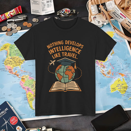 Nothing Develops Intelligence Like Travel – Globe Graduation Wisdom Tee | Layover Club Air Travel T-Shirts | Jetsetter, Airport, and International Flight Tees