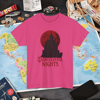 Transylvania Nights Tee – Gothic Castle Under Crimson Moon | Layover Club Air Travel T-Shirts | Jetsetter, Airport, and International Flight Tees