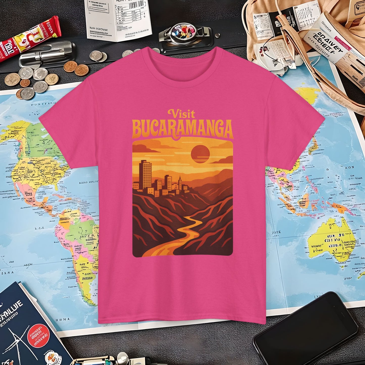 Retro Bucaramanga Skyline & Chicamocha Canyon Sunset – Vintage Colombia Travel Tee | Layover Club Air Travel T-Shirts | Jetsetter, Airport, and International Flight Tees