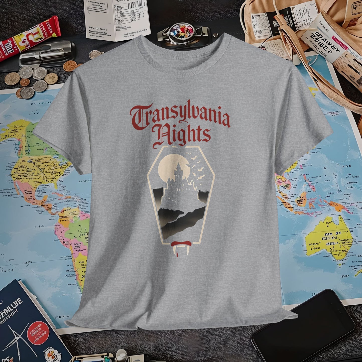 Transylvania Nights Gothic Castle Silhouette Tee – Dark Travel Romania Shirt | Layover Club Air Travel T-Shirts | Jetsetter, Airport, and International Flight Tees