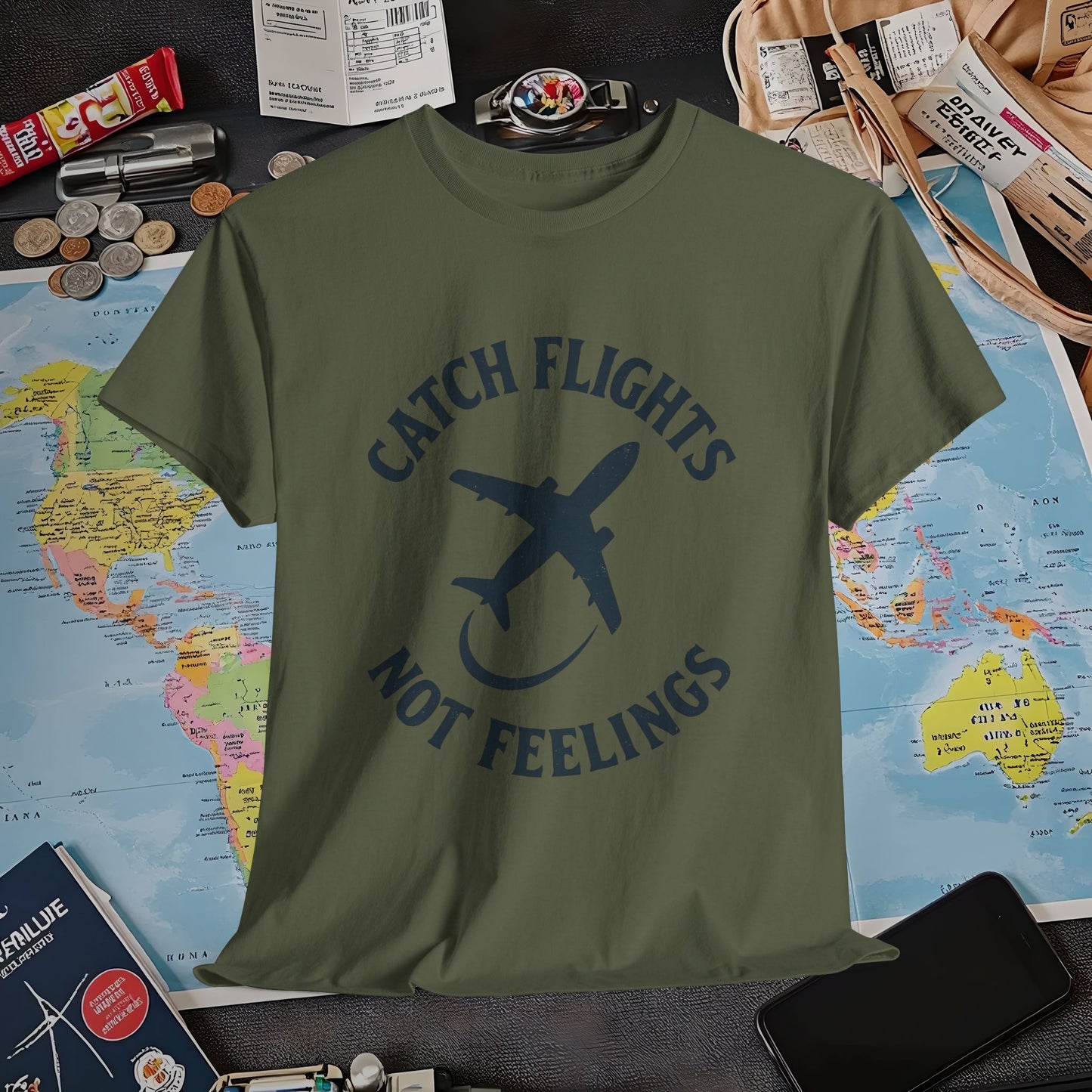 Catch Flights Not Feelings – Vintage Travel Vibes Tee Air Travel T-Shirts | Jetsetter, Airport, and International Flight Tees
