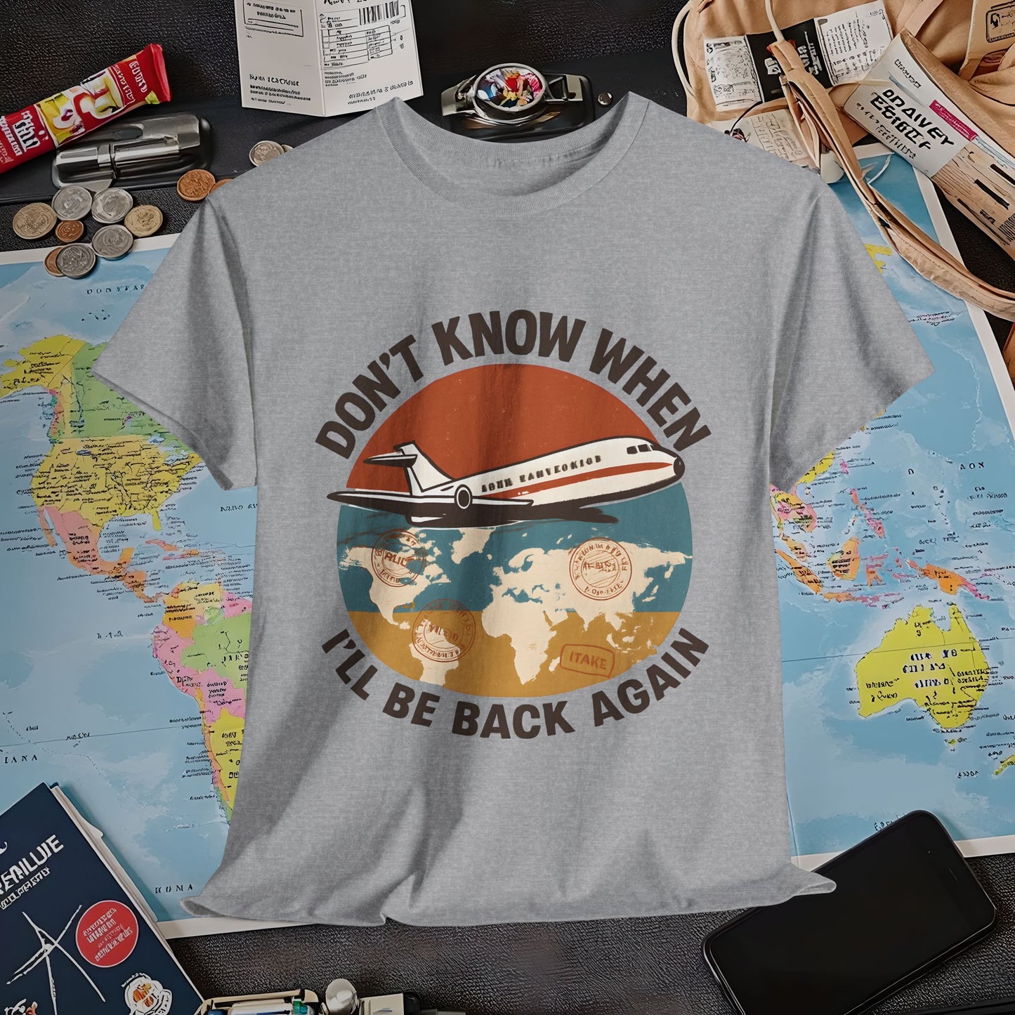 Don’t Know When I’ll Be Back Again T-Shirt – Retro ’70s Jet & Vintage Map Travel Design Air Travel T-Shirts | Jetsetter, Airport, and International Flight Tees