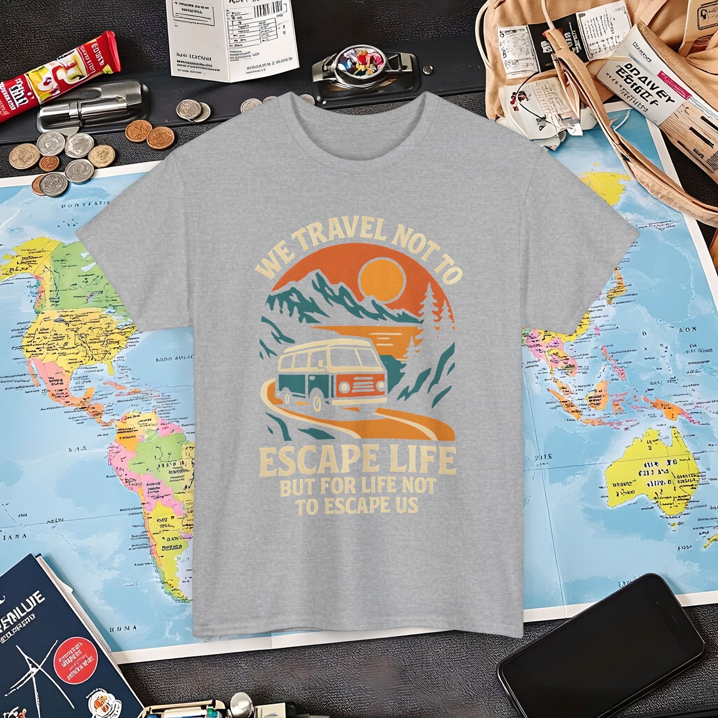 Travel Not to Escape Life – Retro Van & Sunset Road Adventure Tee | Layover Club Air Travel T-Shirts | Jetsetter, Airport, and International Flight Tees