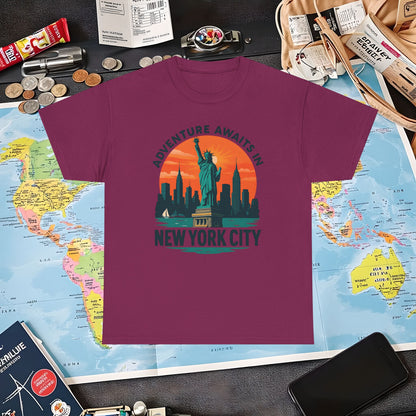 Adventure Awaits in New York City T-Shirt – Sunset Skyline with Statue of Liberty Design Air Travel T-Shirts | Jetsetter, Airport, and International Flight Tees