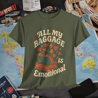 All My Baggage Is Emotional – Retro Suitcase Overflowing with Feelings Tee Air Travel T-Shirts | Jetsetter, Airport, and International Flight Tees