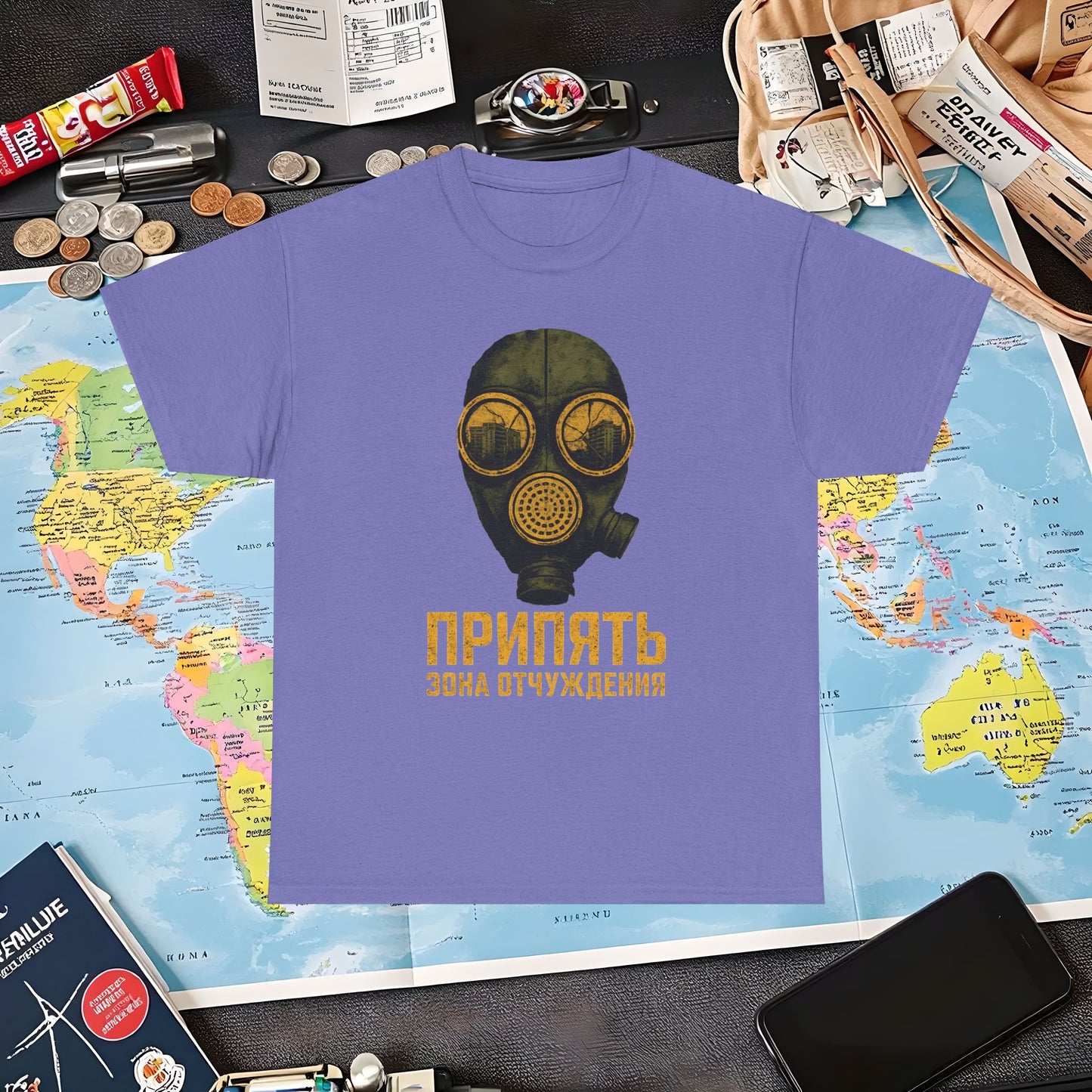 Pripyat Gas Mask with Ruined Apartment Reflection Tee – Chernobyl Dark Tourism Shirt | Layover Club Air Travel T-Shirts | Jetsetter, Airport, and International Flight Tees