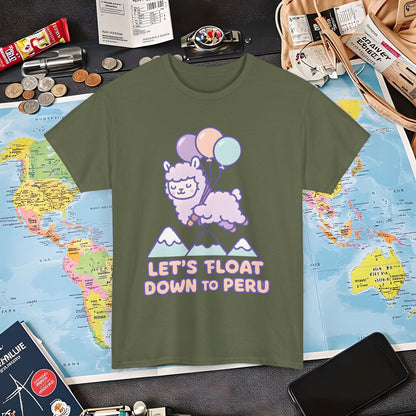 Let’s Float Down to Peru T-Shirt – Kawaii Alpaca Over Snowy Mountain Peaks Air Travel T-Shirts | Jetsetter, Airport, and International Flight Tees