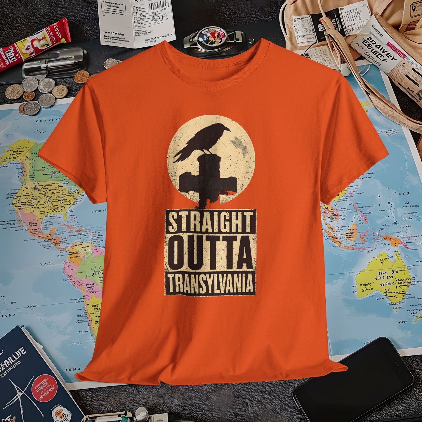 Straight Outta Transylvania Raven Cross Tee – Gothic Travel Romania Shirt | Layover Club Air Travel T-Shirts | Jetsetter, Airport, and International Flight Tees