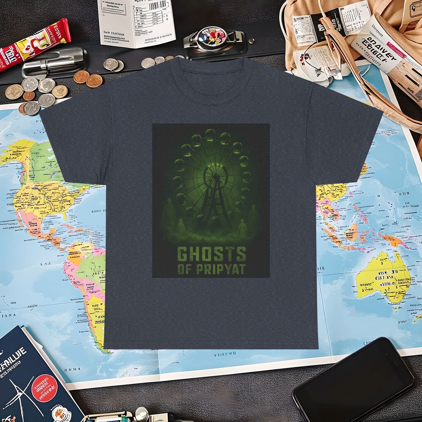 Neon Green Pripyat Ferris Wheel & Ghostly Silhouettes Tee – Chernobyl Dark Tourism Shirt | Layover Club Air Travel T-Shirts | Jetsetter, Airport, and International Flight Tees