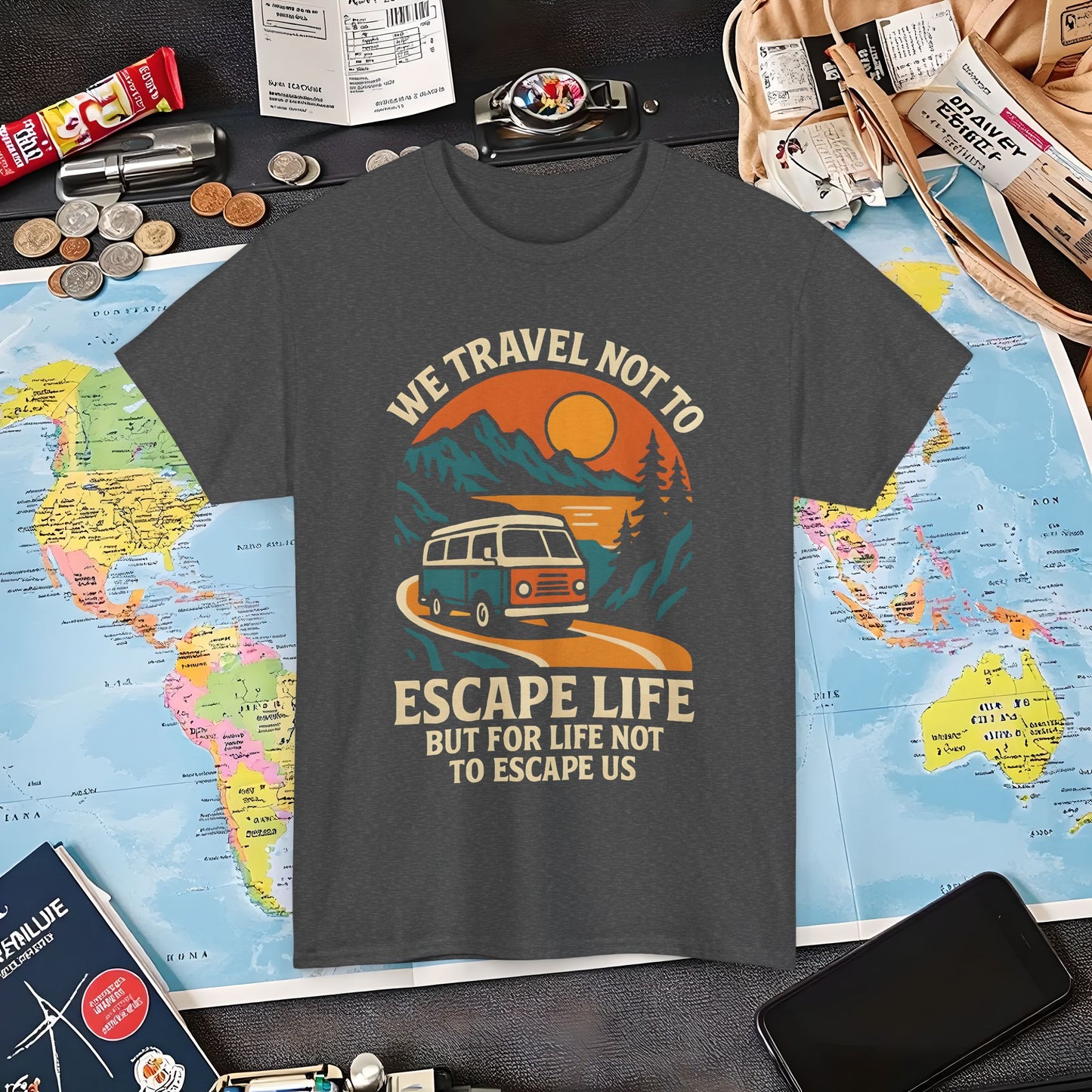 Travel Not to Escape Life – Retro Van & Sunset Road Adventure Tee | Layover Club Air Travel T-Shirts | Jetsetter, Airport, and International Flight Tees