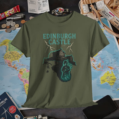 Ghostly Edinburgh Castle & Spectral Bagpiper Tee – Haunted Scotland Dark Tourism Shirt | Layover Club Air Travel T-Shirts | Jetsetter, Airport, and International Flight Tees