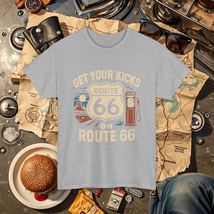 Get Your Kicks on Route 66 T-Shirt – Vintage Desert Scene with Classic Gas Pump & Roadside Vibes Road Trip & Vehicle Travel T-Shirts | Car, RV, and Motorcycle Adventure Tees