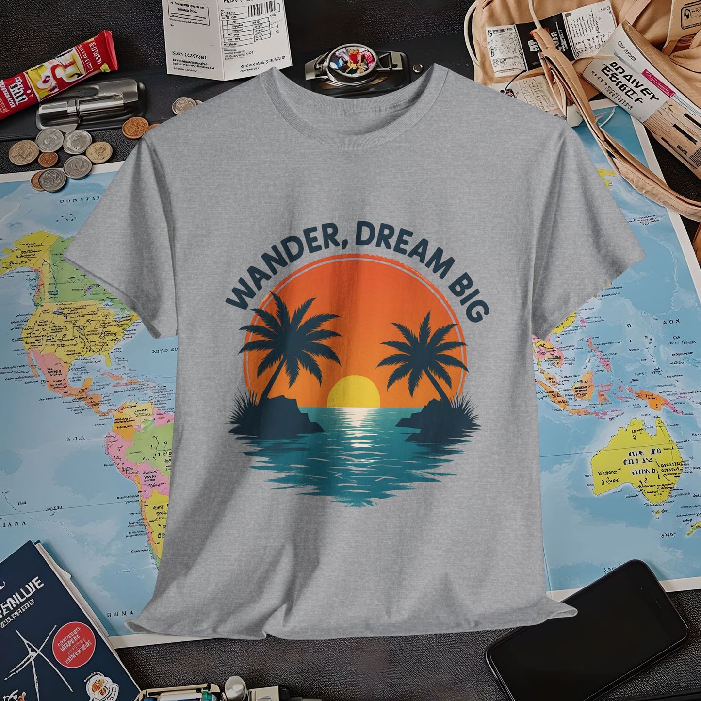 Wander Dream Big T-Shirt – Tropical Sunset with Palm Silhouettes Design Air Travel T-Shirts | Jetsetter, Airport, and International Flight Tees