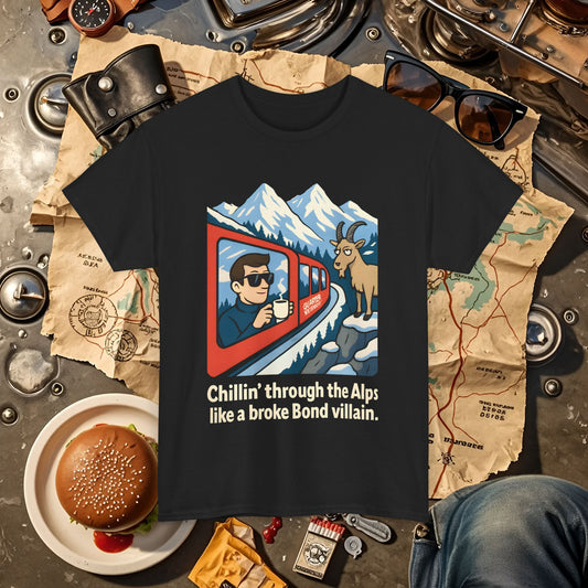 Glacier Express Chill Tee – Skeptical Goat in the Alps Vibe Road Trip & Vehicle Travel T-Shirts | Car, RV, and Motorcycle Adventure Tees