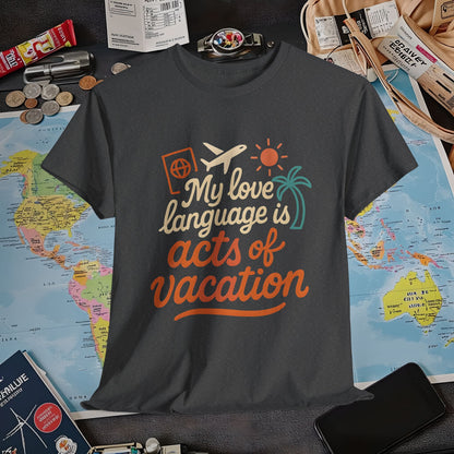 My Love Language Is Acts of Vacation – Retro Travel Love Tee | Layover Club Air Travel T-Shirts | Jetsetter, Airport, and International Flight Tees