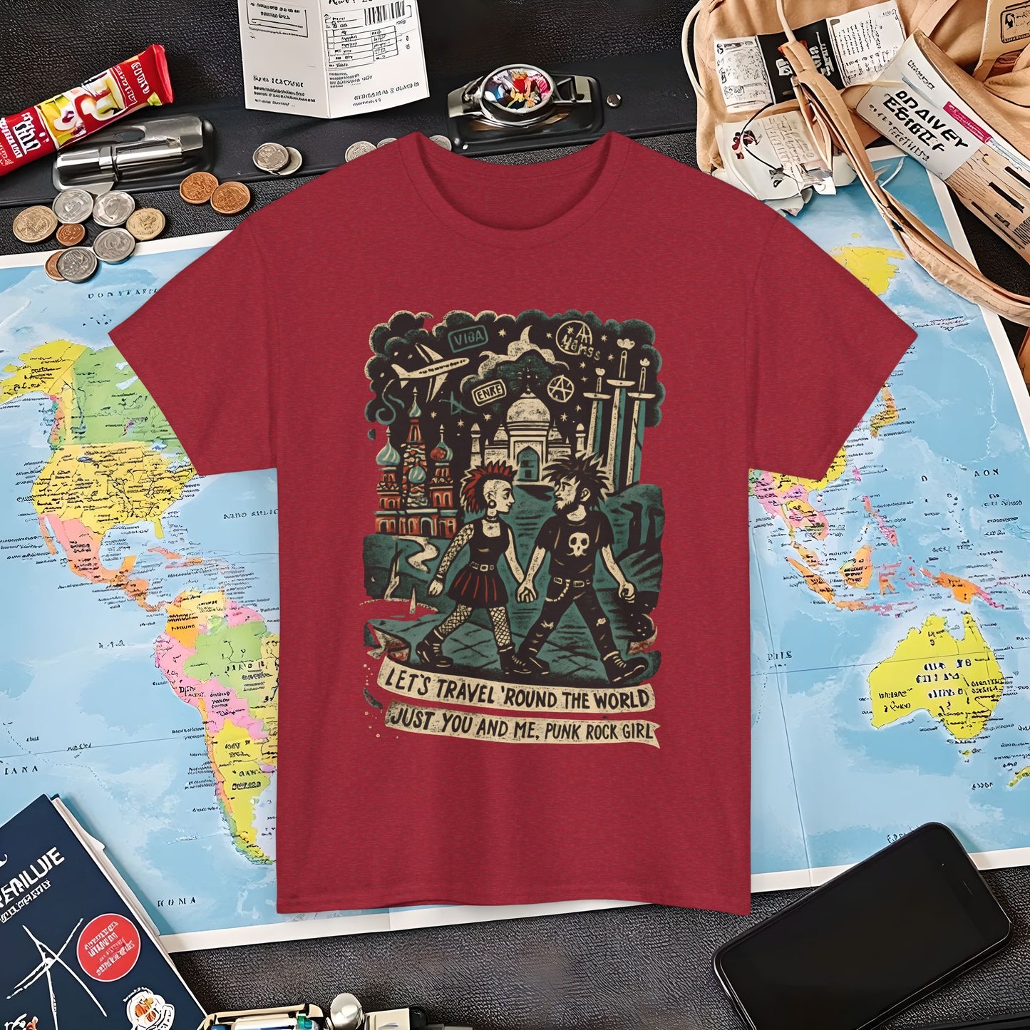 Let’s Travel 'Round the World, Just You and Me – Punk Rock Girl Global Adventure Tee Air Travel T-Shirts | Jetsetter, Airport, and International Flight Tees