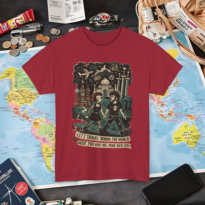 Let’s Travel 'Round the World, Just You and Me – Punk Rock Girl Global Adventure Tee Air Travel T-Shirts | Jetsetter, Airport, and International Flight Tees